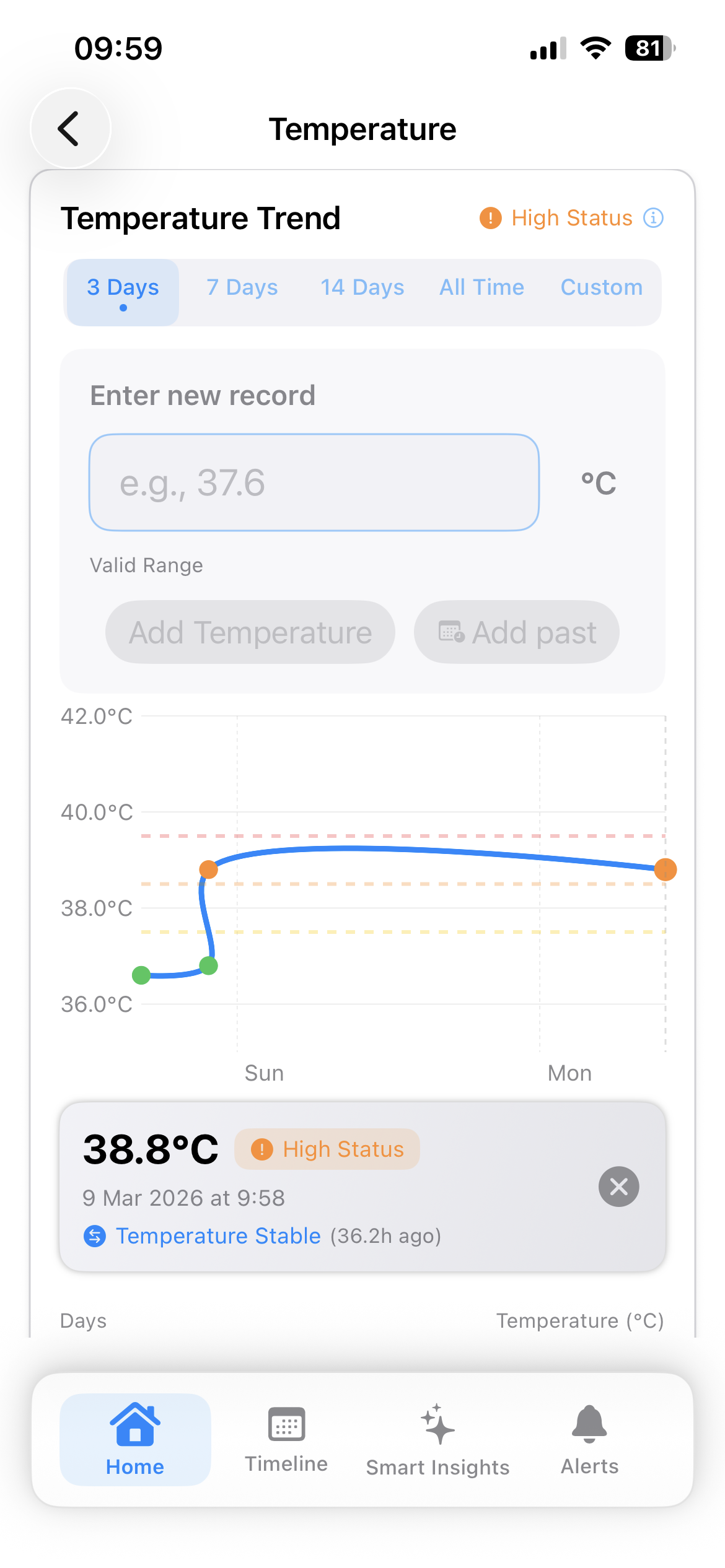 Logging a child's temperature and fever symptoms in KidCare Tracker